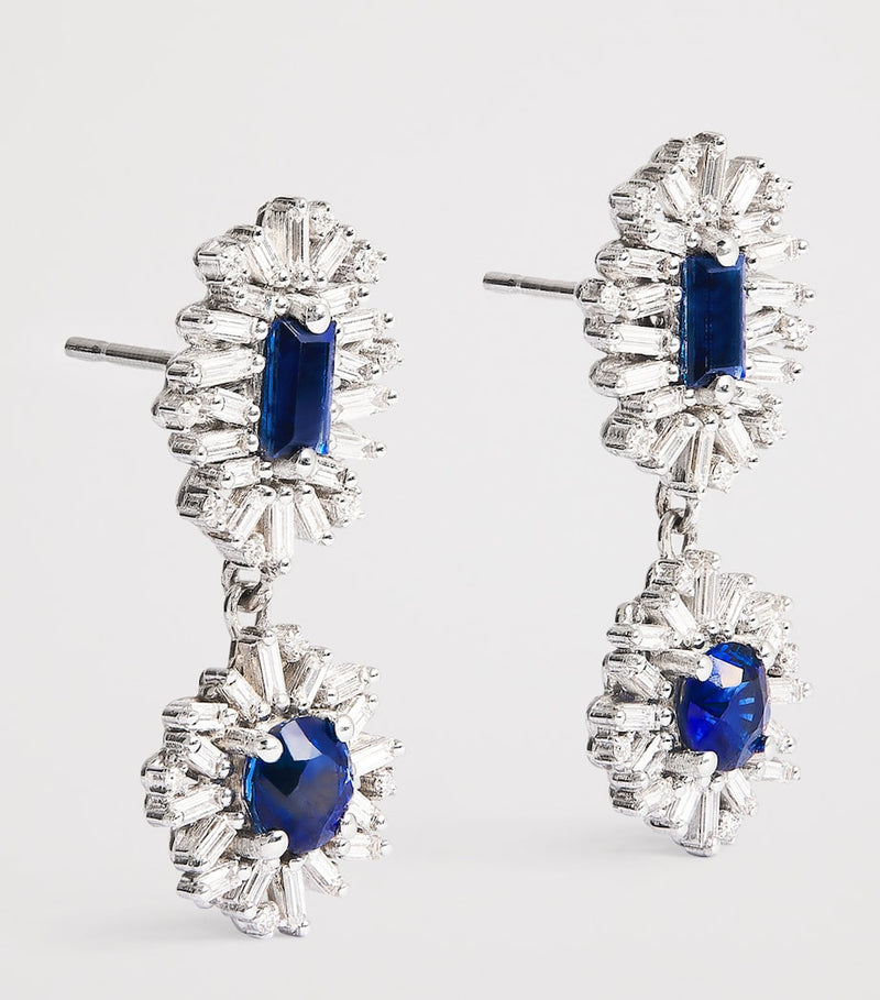 Suzanne Kalan drop earrings white gold diamond blue sapphire, imported from the UK