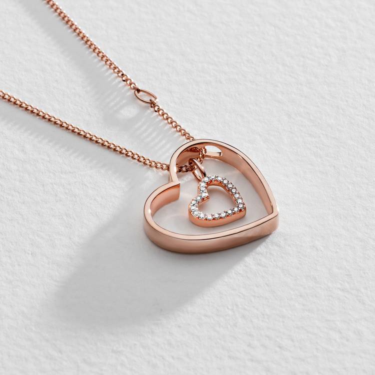 Moon & Back rose gold plated heart pendant necklace with cubic zirconia (British brand)