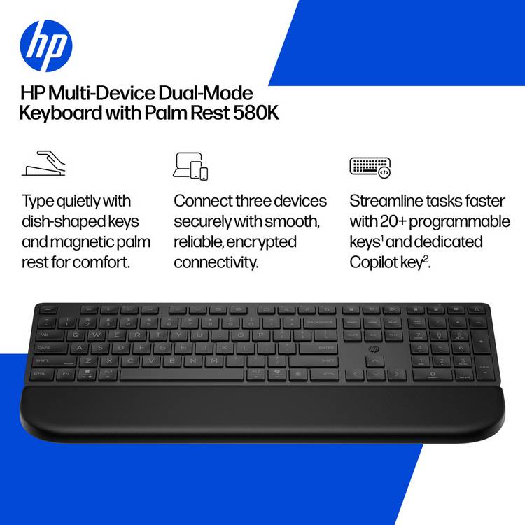 HP 580K wireless keyboard black with palm rest - British product