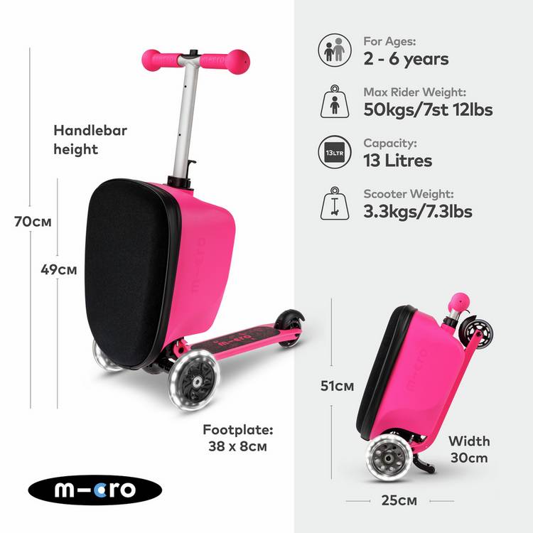 Micro Scooters pink suitcase scooter with LED wheels - British product