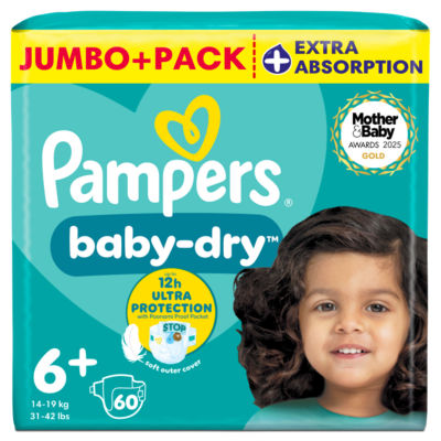 ASDA Pampers Baby-Dry Size 6+ Nappies Jumbo+ Pack 60 Count (14-19kg)- Buy online at McGrocer