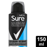 ASDA Sure Men Maximum Protection Clean Scent Anti-Perspirant Spray 150 ml- Buy online at McGrocer