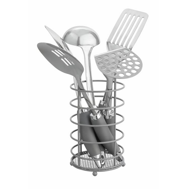 Argos Home five piece stainless steel utensil set with grey caddy (British brand)