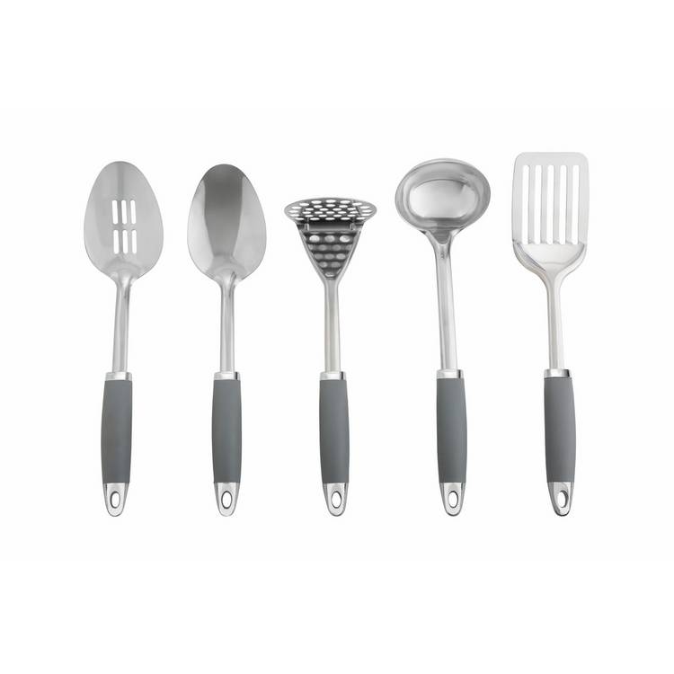 Argos Home five piece stainless steel utensil set with grey caddy (British brand)