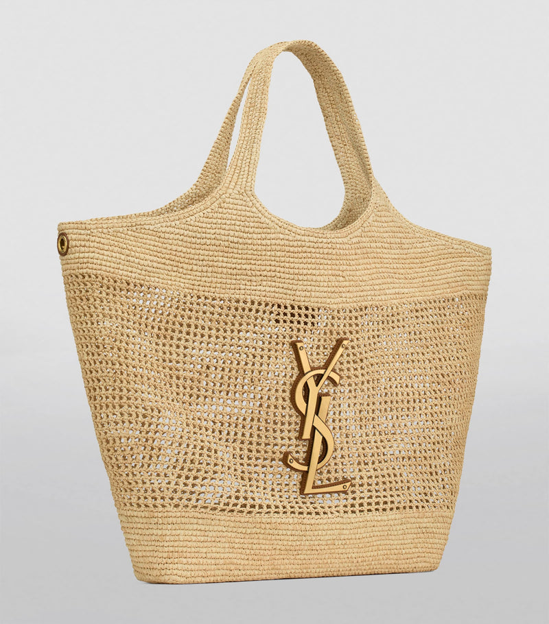 Saint Laurent Icare tote bag woven raffia gold-tone YSL emblem (British brand)