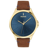 HUGO men's brown leather strap watch blue dial 43mm imported from UK