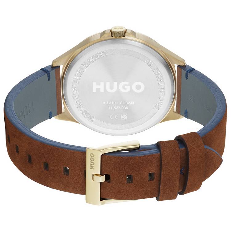 HUGO men's brown leather strap watch blue dial 43mm imported from UK