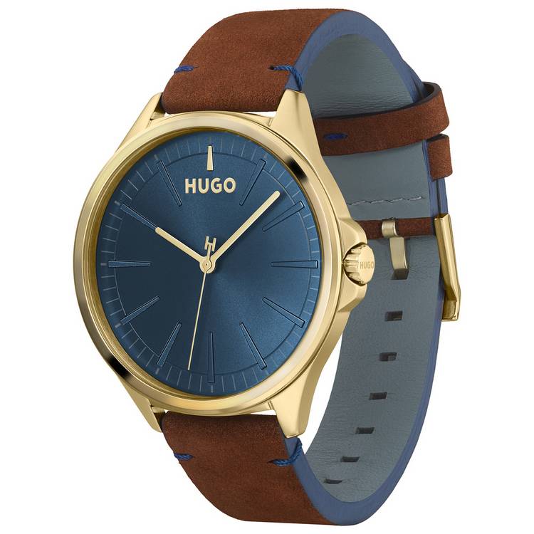HUGO men's brown leather strap watch blue dial 43mm imported from UK
