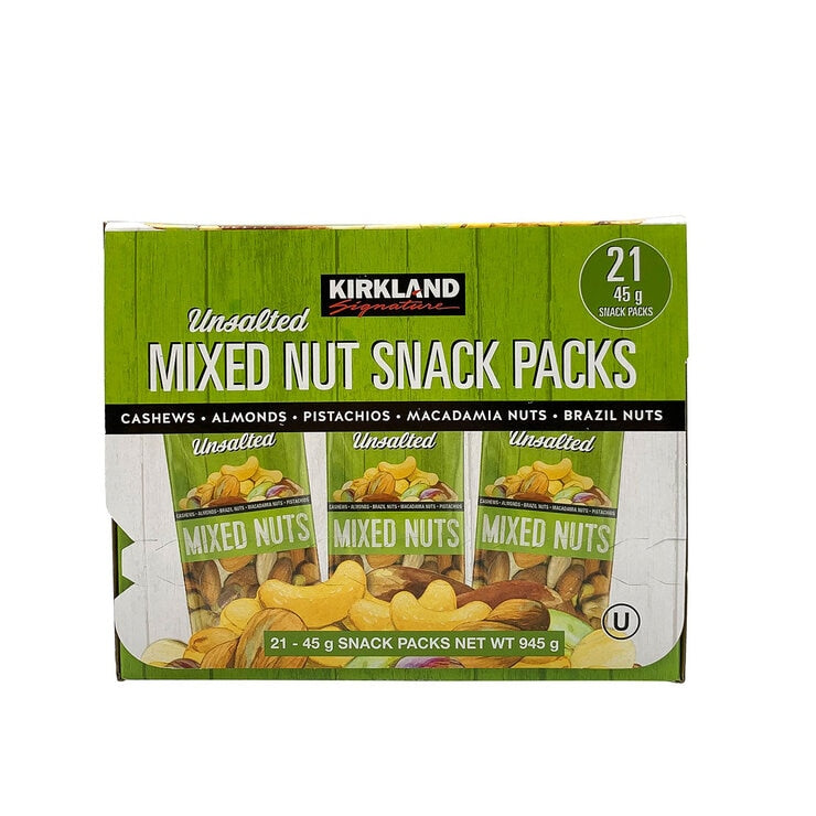 Kirkland Signature unsalted mixed nut snack packs 21 x 45g, UK version