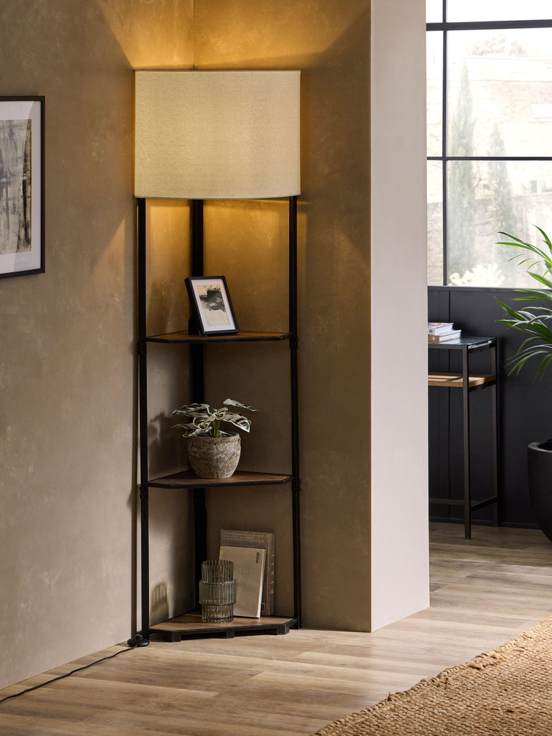 Brown corner wood shelf floor lamp - British product