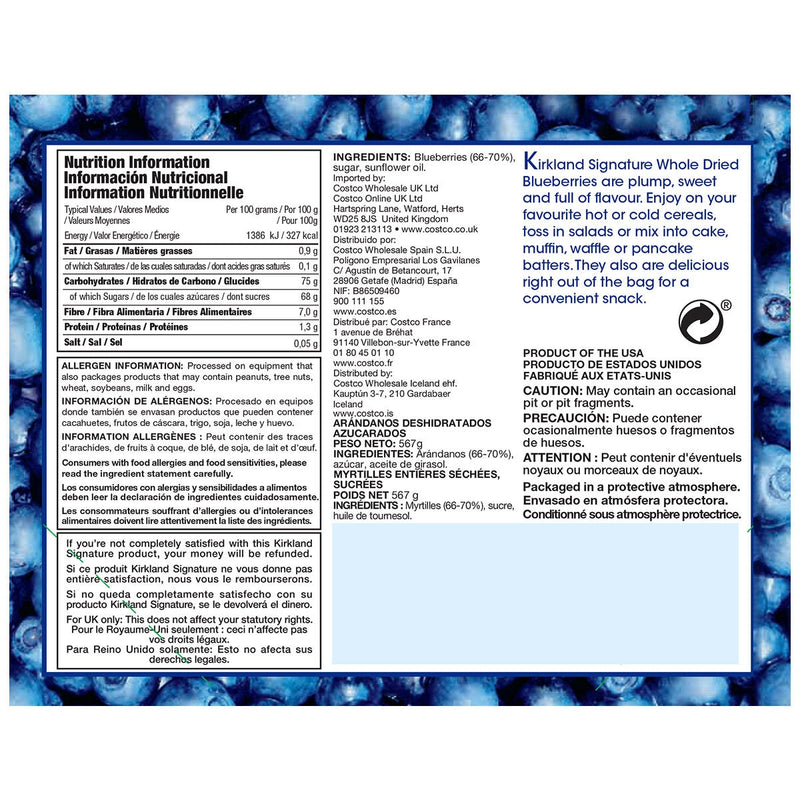 Kirkland Signature whole dried blueberries 567g, UK version
