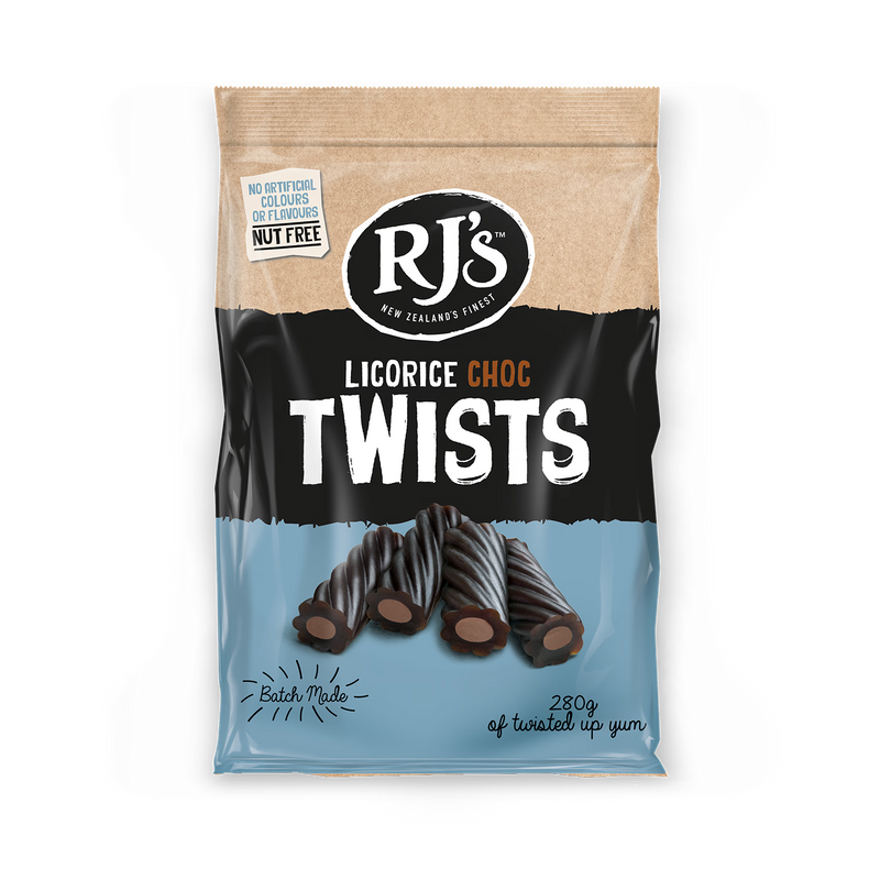 RJ's Licorice Choc Twists 280g, imported from the UK