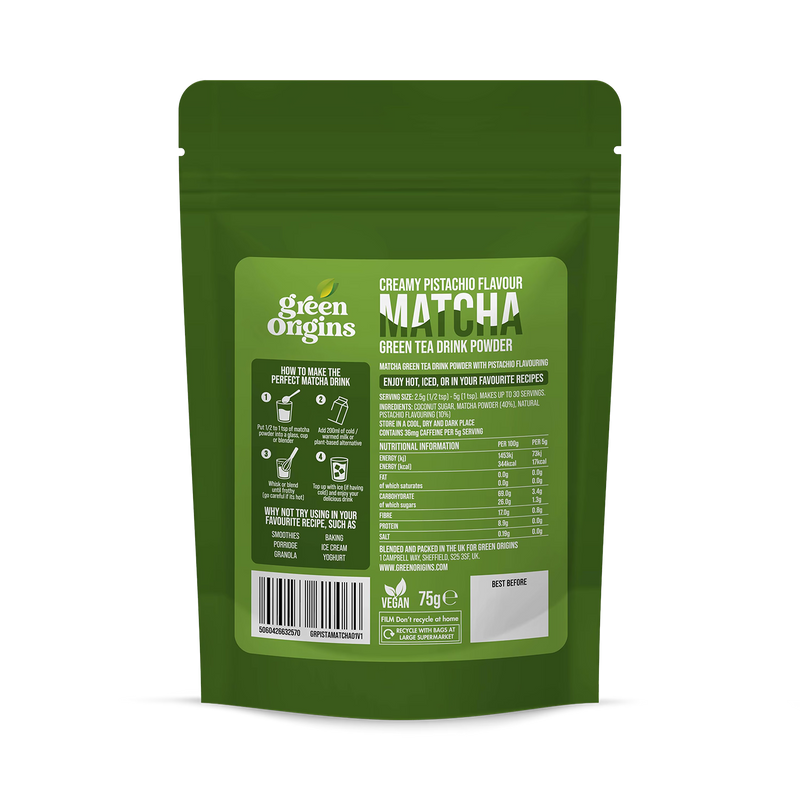 Green Origins creamy pistachio matcha drink powder 75g - British product