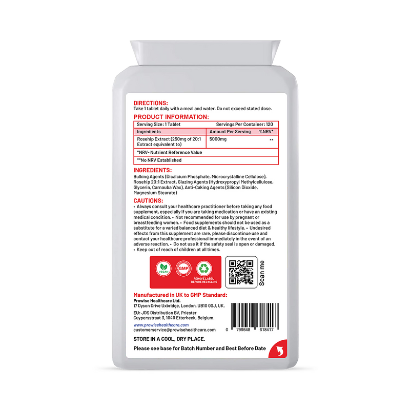 Prowise Healthcare rosehip supplement Health+ 5000mg 120 tablets, UK version