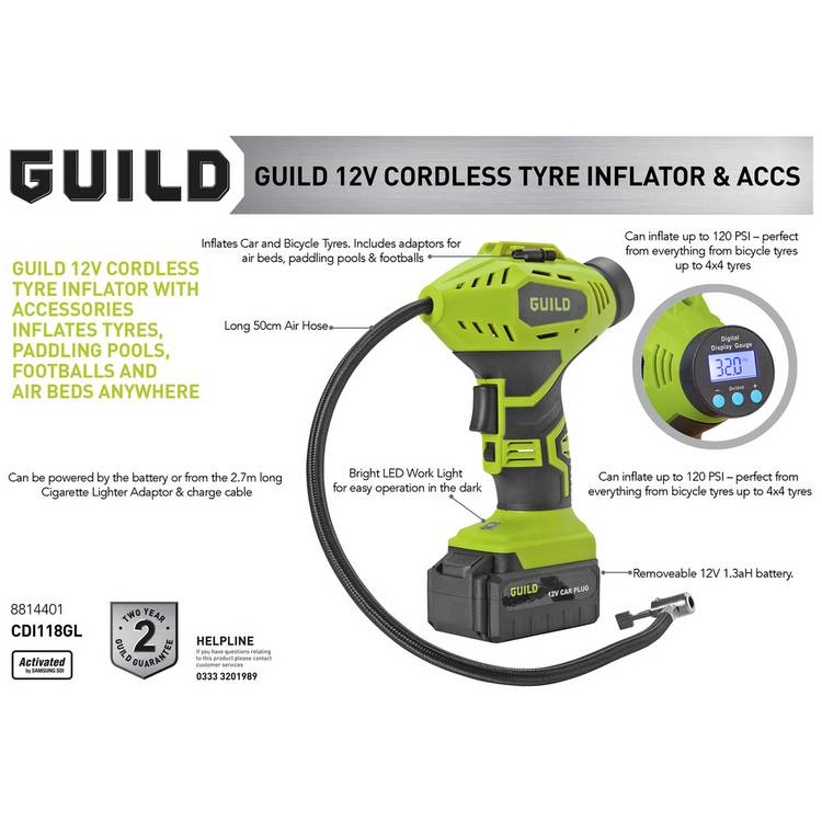 Guild cordless tyre inflator 12V with accessories (British brand)