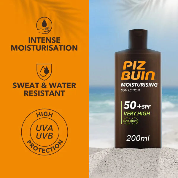 Piz Buin moisturising sun lotion SPF50+, imported from the UK