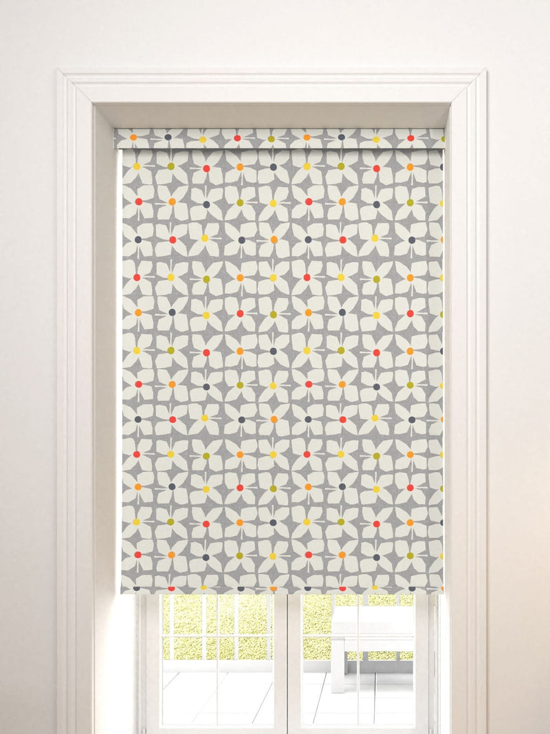 Grey floral retro geo roller blind, imported from the UK