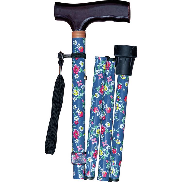 Aidapt folding walking stick with floral pattern, purple - British brand