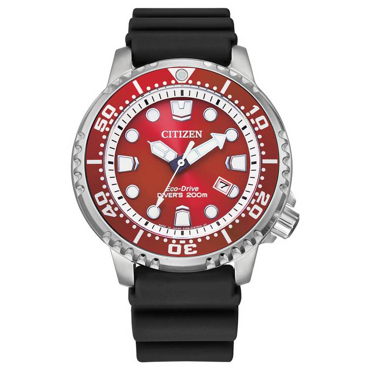 Citizen Eco-Drive dive watch with red dial and rubber strap (British brand)