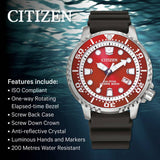 Citizen Eco-Drive dive watch with red dial and rubber strap (British brand)