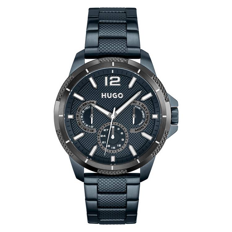 HUGO men's blue stainless steel bracelet watch 46mm, imported from the UK