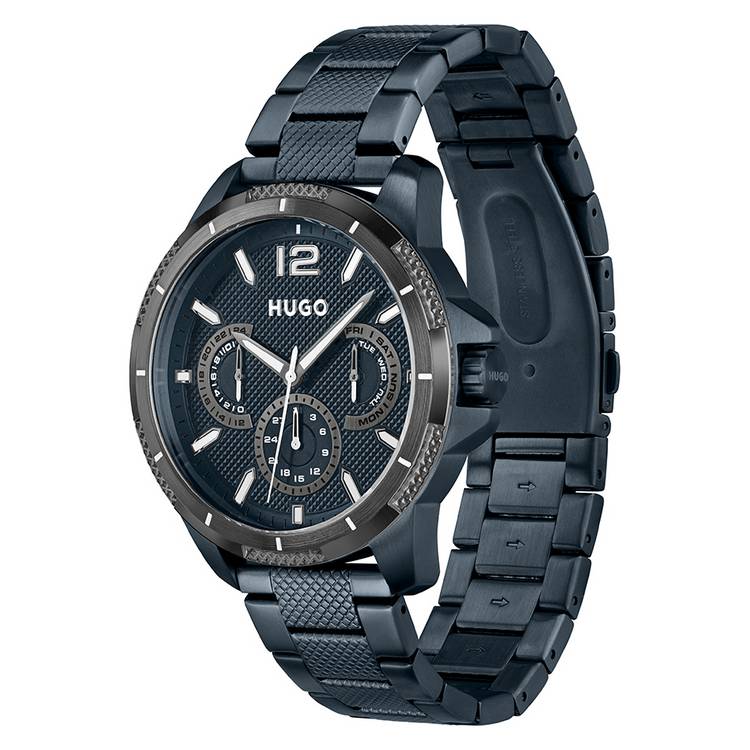 HUGO men's blue stainless steel bracelet watch 46mm, imported from the UK