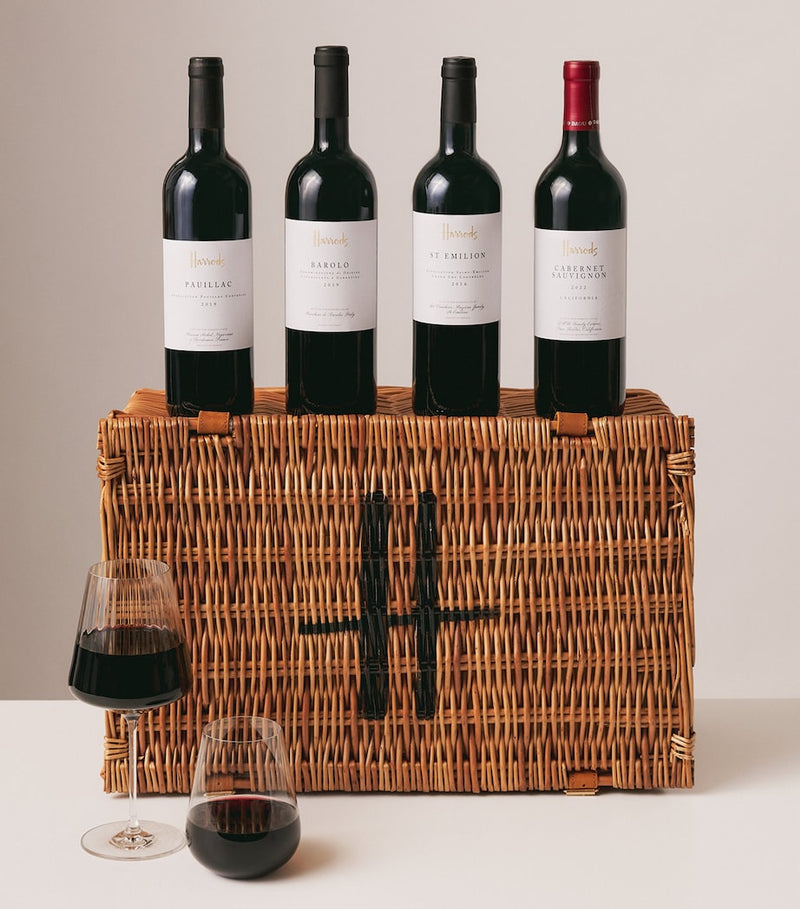 Harrods red wine hamper with four premium bottles (British brand)