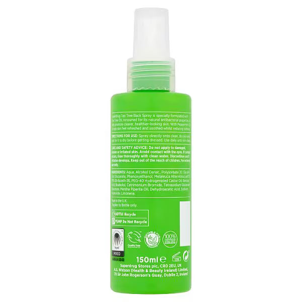 Tea Tree Body Spray 150ml bottle size option (British brand)