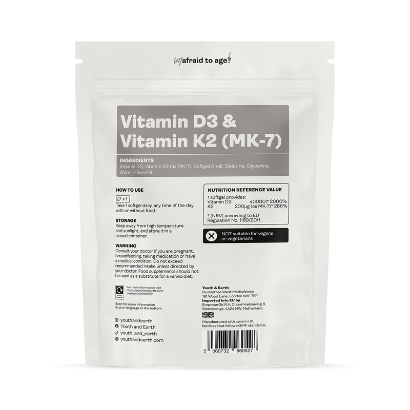 Youth and Earth Vitamin D3 K2 supplement 4000IU 200mcg 90 softgels (British brand)