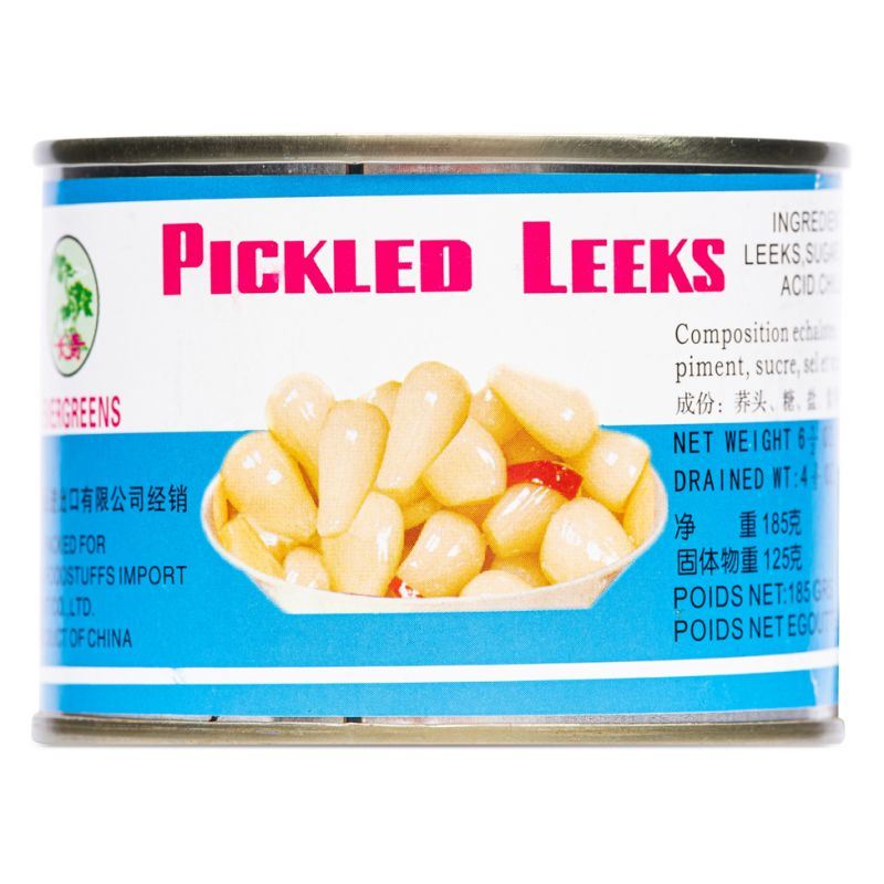 Evergreens pickled leeks in a can - British product