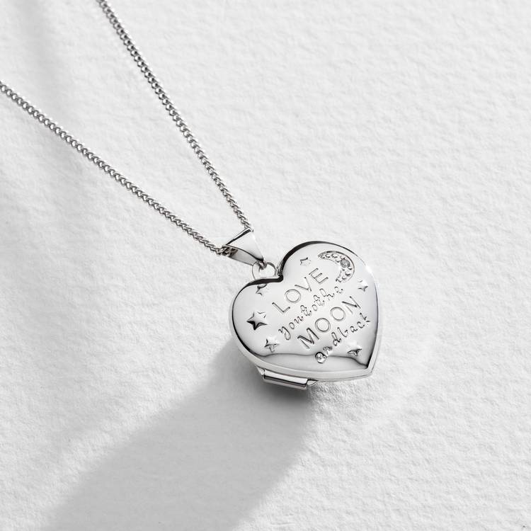 Moon & Back silver heart locket with cubic zirconia and chain - British product