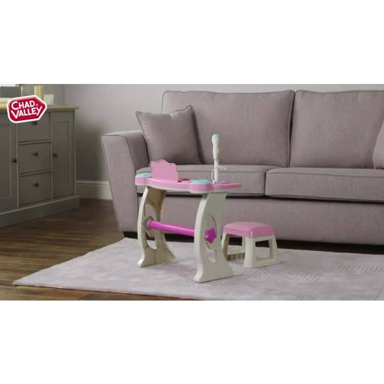 Chad Valley pink toy musical keyboard stand and stool, UK version