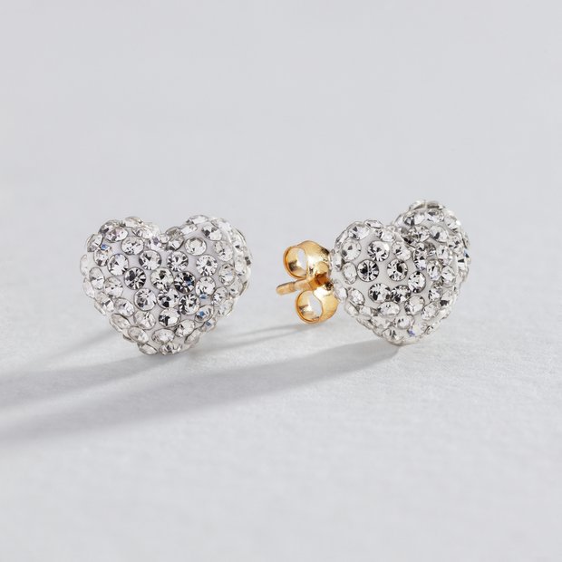 Revere 9ct gold crystal heart stud earrings 7.5mm (British brand)