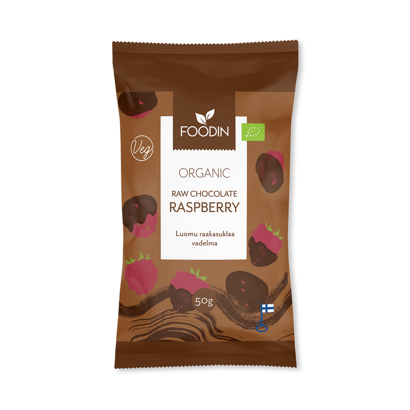 Organic raw chocolate coated raspberries 8x50g (British brand)