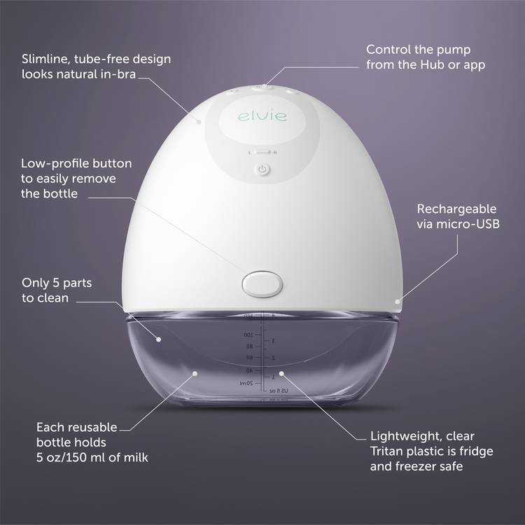 Elvie single electric breast pump with 24mm and 28mm shields, UK version