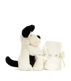 Jellycat Bashful Black and Cream plush puppy with blanket, 34cm, UK version