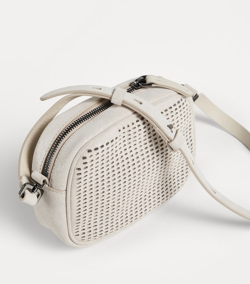 Brunello Cucinelli Kids suede laser cut-out cross-body bag, imported from the UK