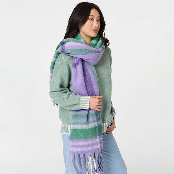 Izabel London checked print oversized fringed scarf, imported from the UK