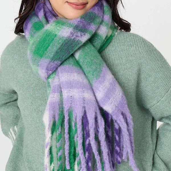 Izabel London checked print oversized fringed scarf, imported from the UK