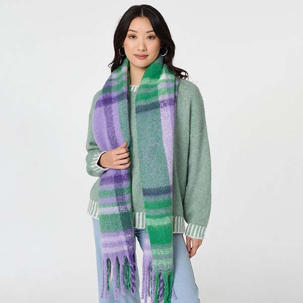 Izabel London checked print oversized fringed scarf, imported from the UK