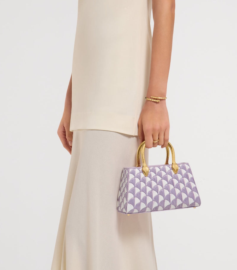 Bvlgari Serpentine Duette top-handle bag in white and amethyst raffia, UK version