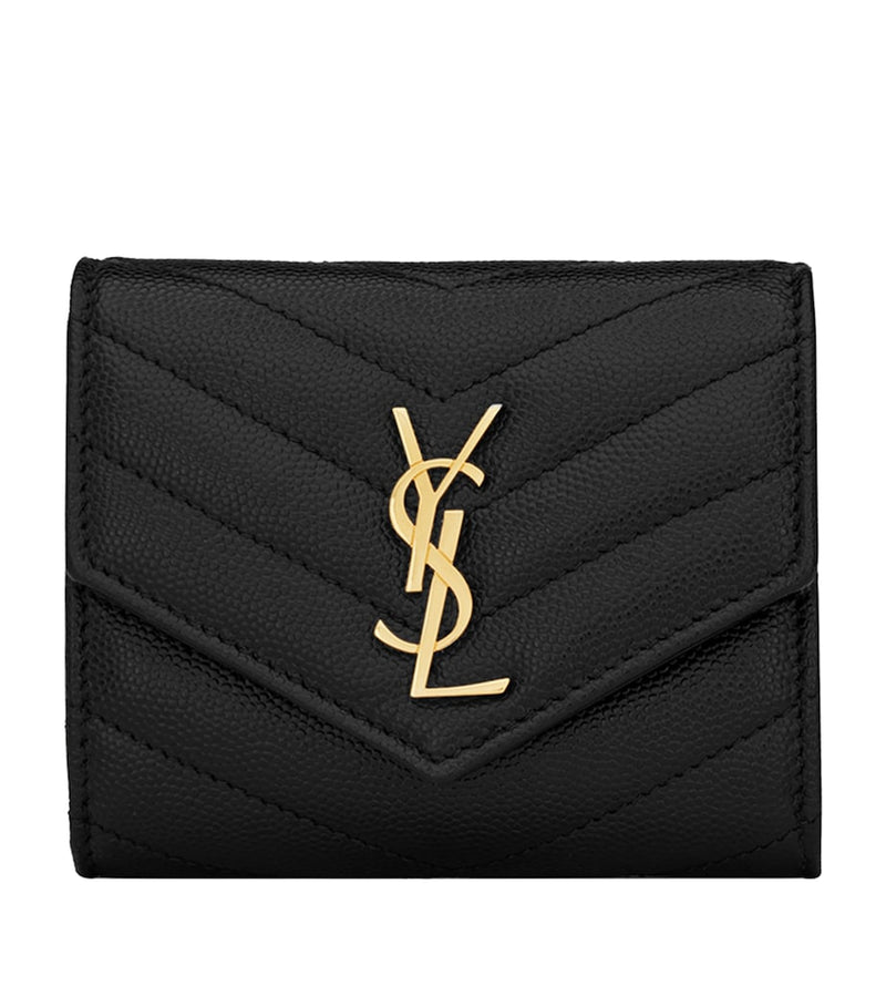 Saint Laurent leather quilted trifold wallet with YSL monogram, imported from the UK