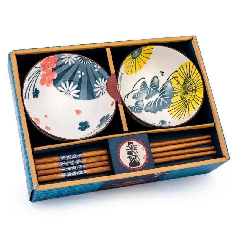 Flower pattern ceramic rice bowl and chopstick set - British product