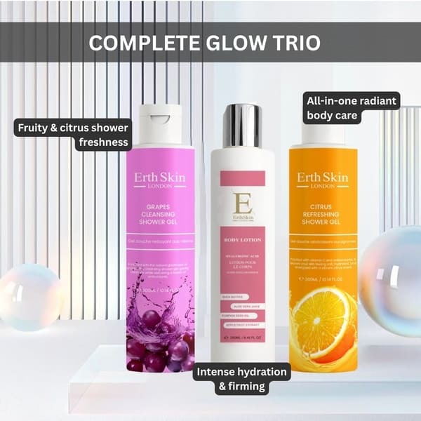 Erth Skin London shower gels and collagen body lotion set - British product