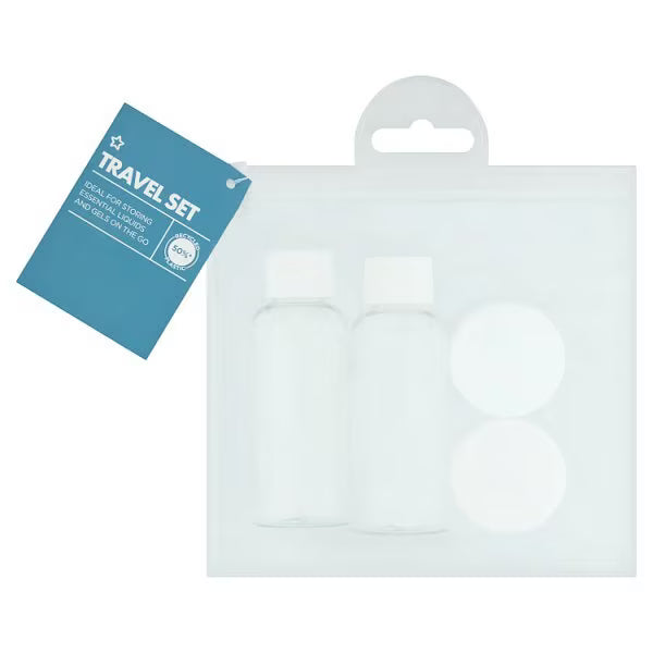 Superdrug Travel Bottle Set with 2x50ml bottles and 2x10ml jars (British brand)