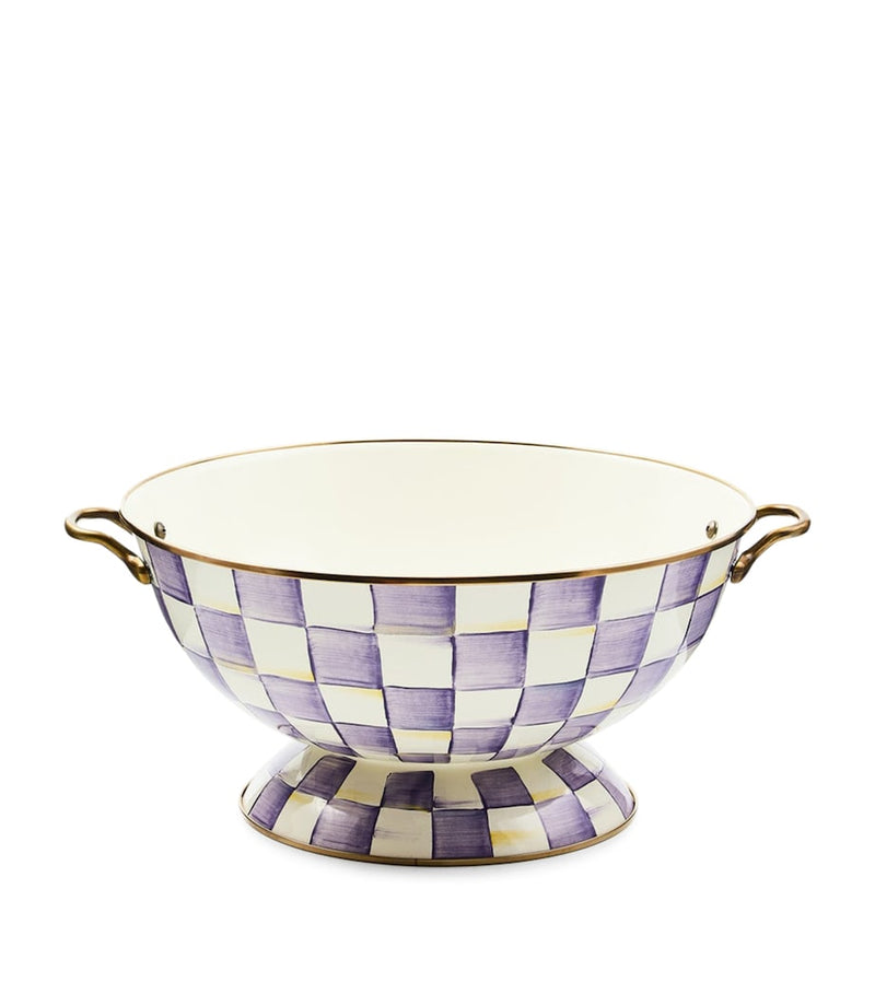 MacKenzie-Childs Violet Check enamel bowl with brass handles, UK version
