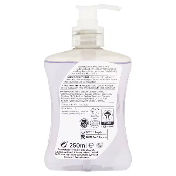 Superdrug Antibacterial Sensitive Handwash 250ml (British brand)