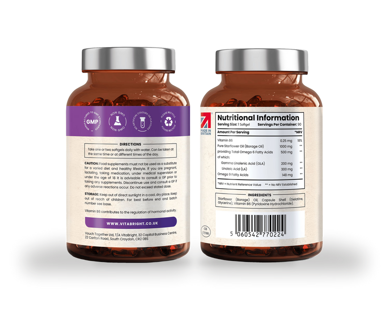 VitaBright starflower oil supplement with vitamin B6 1000mg 90 softgels (British brand)