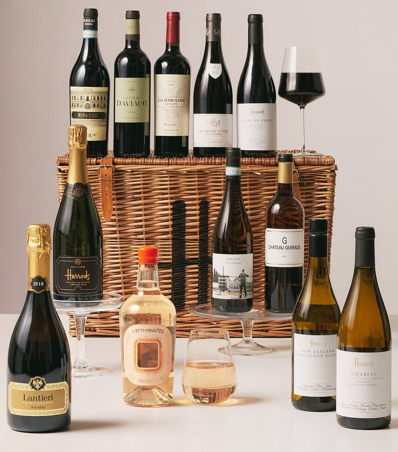 Harrods wine celebration hamper with wicker basket - British brand