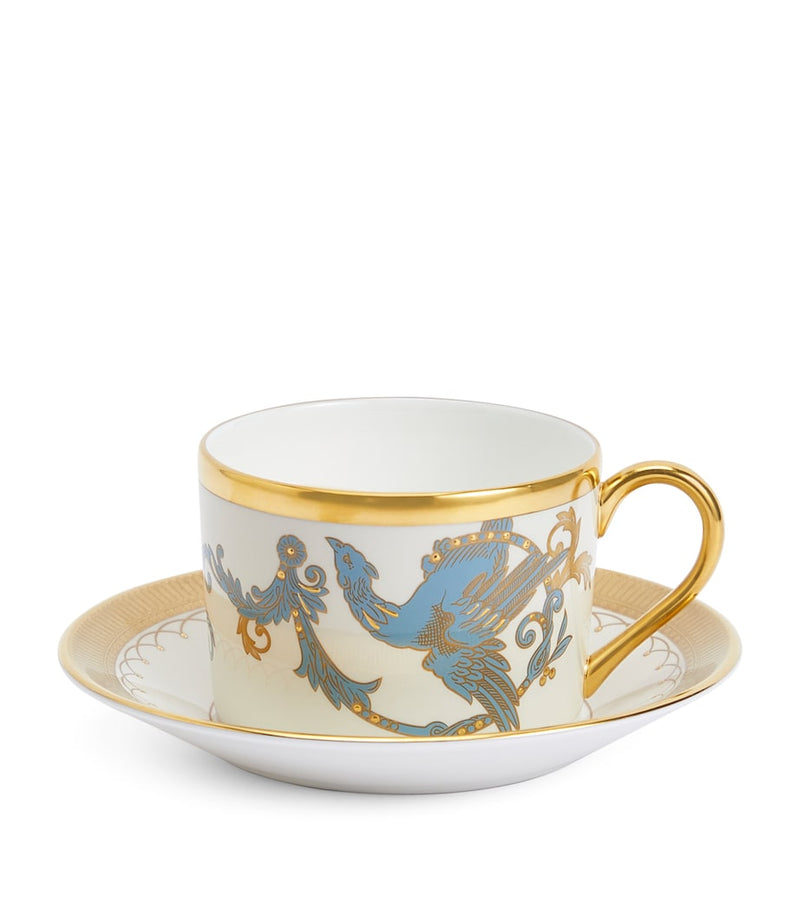 Wedgwood Phoenix teacup and saucer in bone china with jasperware blue design, imported from the UK